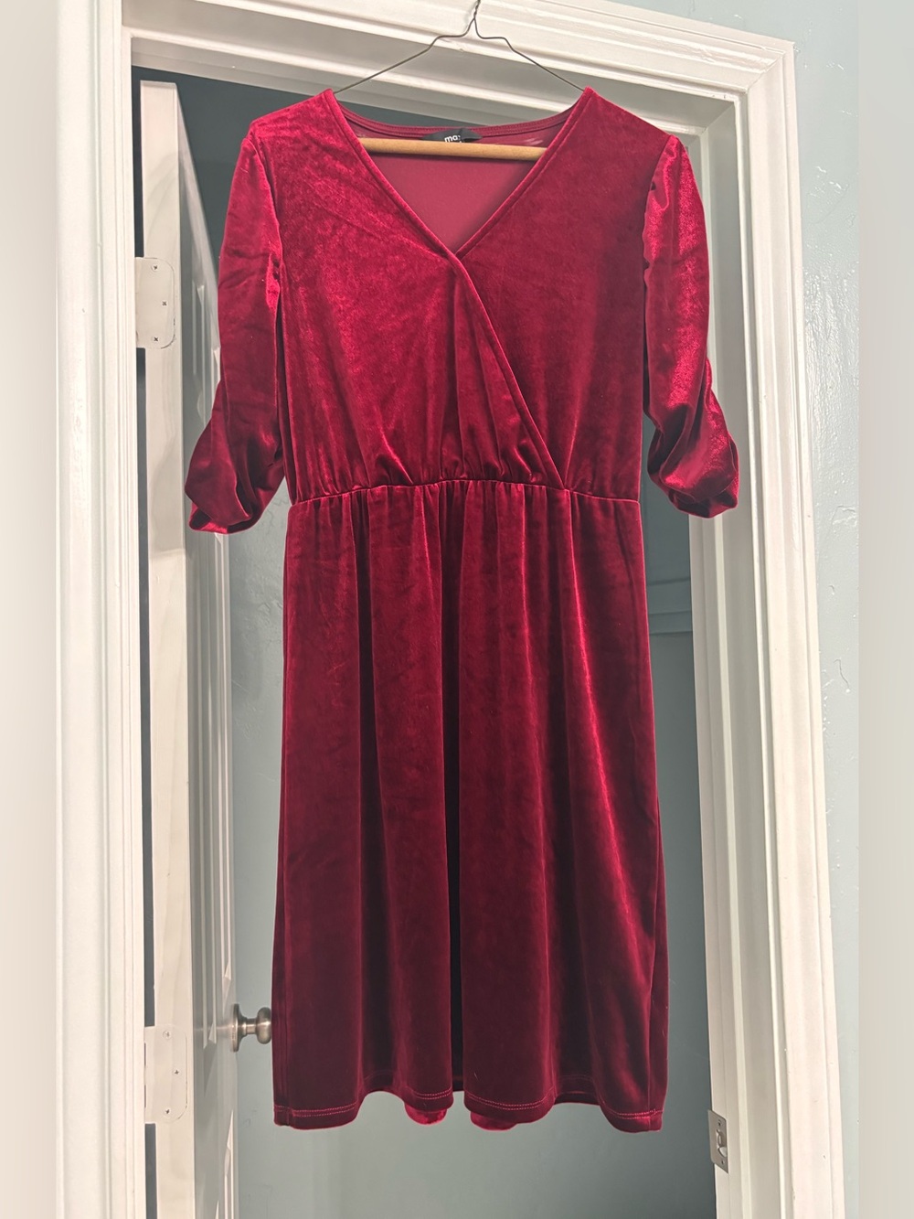Max New Zealand Red velvet dress with ruched sleeves